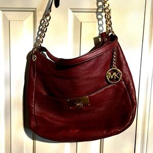 Michael Kors Deep Burgundy Leather Shoulder Hobo with Gold-Tone Hardware
